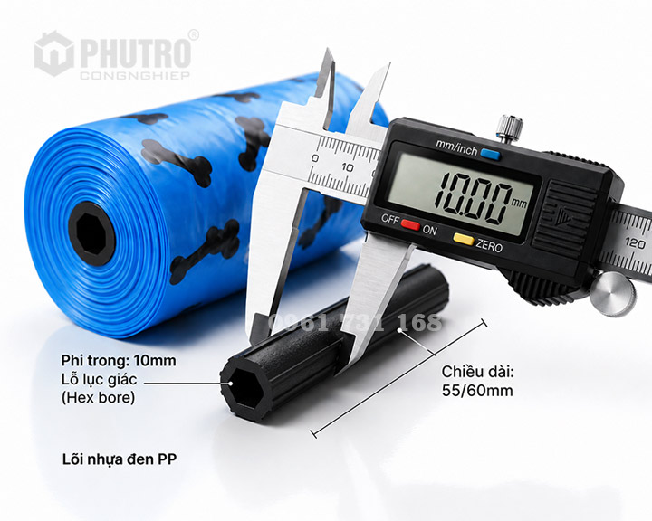 LÕI NHỰA CUỘN TÚI NILON 10X55MM (LỖ LỤC GIÁC)