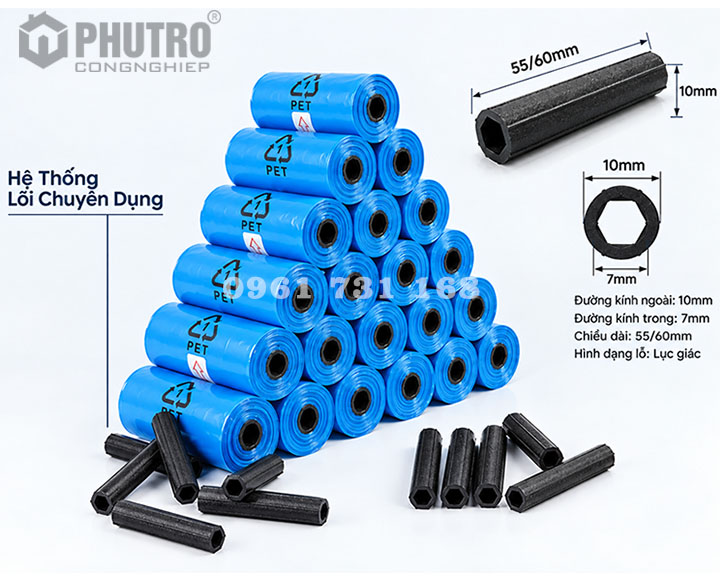 LÕI NHỰA CUỘN TÚI NILON 10X55MM (LỖ LỤC GIÁC)