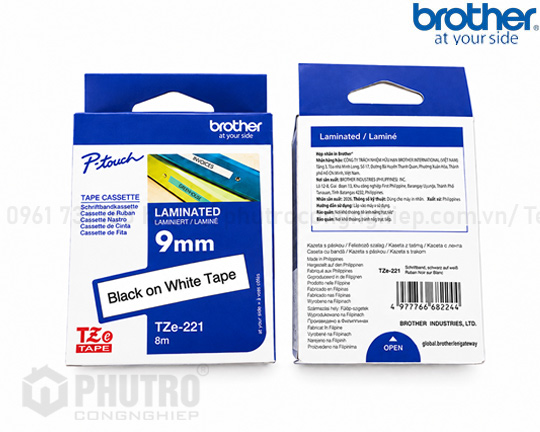 NHÃN IN BROTHER TZE-221 (9MM, 8M/ CUỘN) CHỮ ĐEN, NỀN TRẮNG