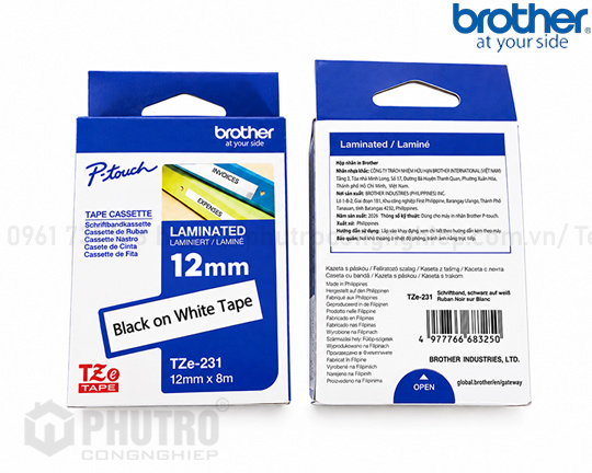 NHÃN IN BROTHER TZE-231 (12MM, 8M/ CUỘN) CHỮ ĐEN, NỀN TRẮNG