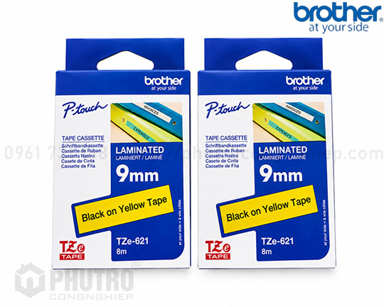 NHÃN IN BROTHER TZE-621 (9MM, 8M/ CUỘN) CHỮ ĐEN, NỀN VÀNG