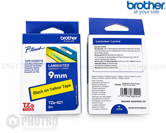 NHÃN IN BROTHER TZE-621 (9MM, 8M/ CUỘN) CHỮ ĐEN, NỀN VÀNG
