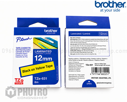 NHÃN IN BROTHER TZE-631 (12MM, 8M/ CUỘN) CHỮ ĐEN, NỀN VÀNG